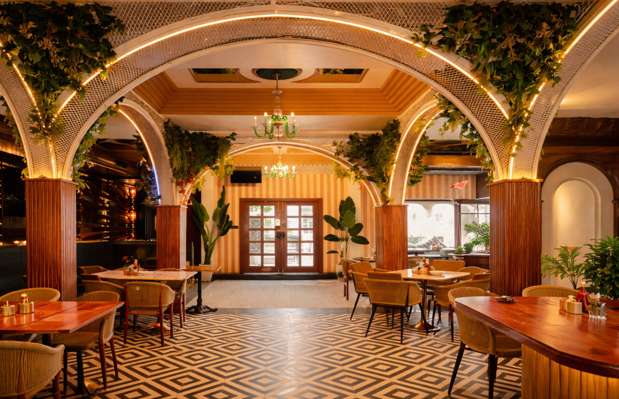 Luxury restaurant interior with elegant arches
